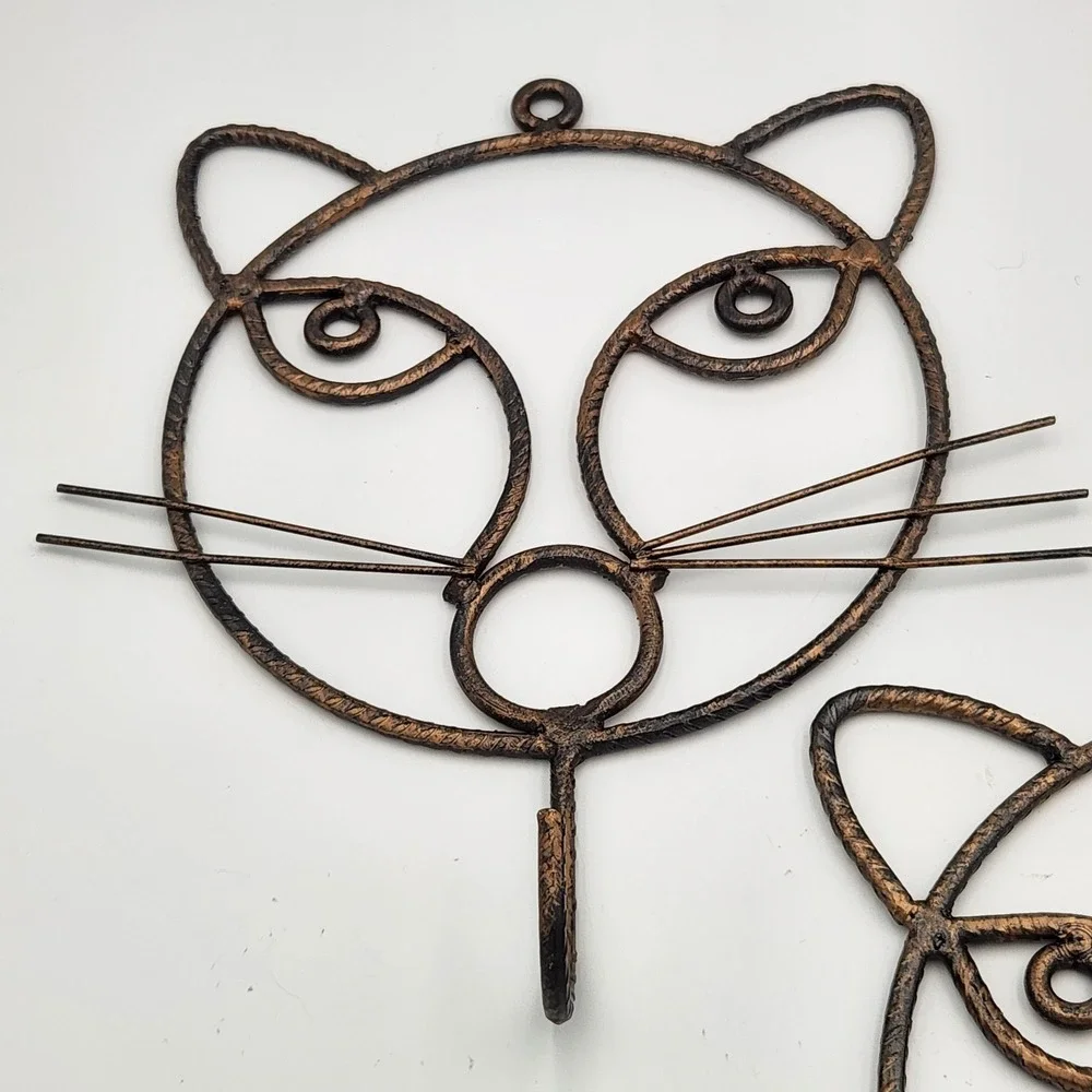 2pc Metal Iron Cat Kitty Kitten Face Outline Hooks Hanger Hanging Wall Decor